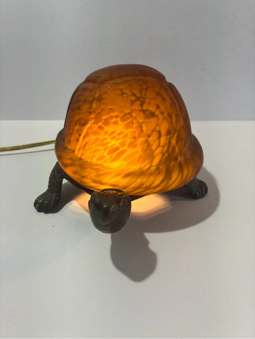 Vintage Amber Glass Turtle Lamp Bronze Tone Cast Metal 8.5